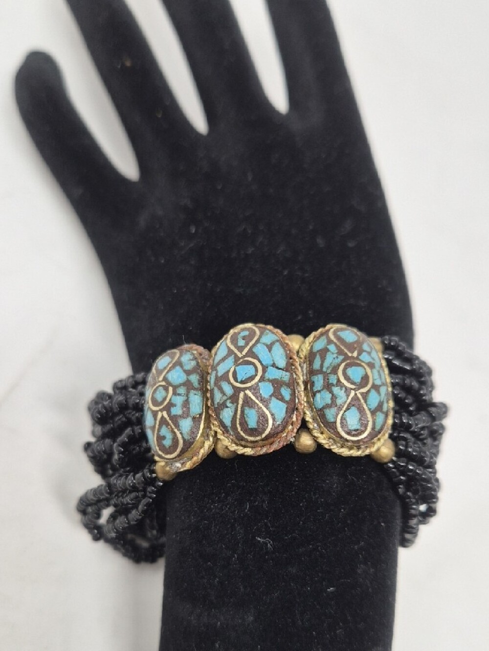 Vintage Black Beaded Bracelet with Turquoise Accent Stones